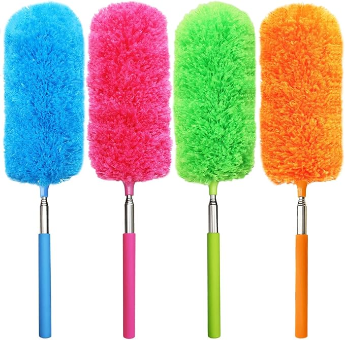 4 Pcs Washable Microfiber Feather Duster, with Extendable Pole and Bendable Head, Microfibre Cleaning Tool for Cleaning Office, Car, Computer, Furniture, Sofa, Blue,green,orange,red