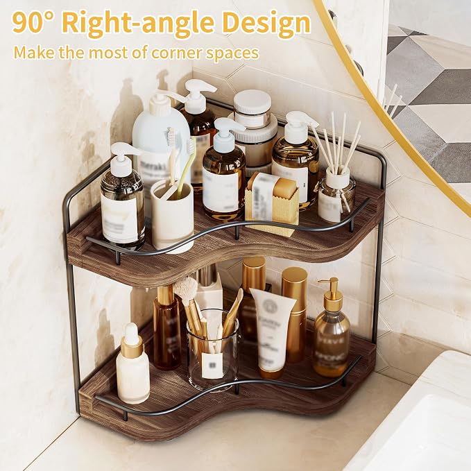 2-Tier Corner Bathroom Counter Organizer, Larger Size | Embedded Screw Holes, Sturdy & Stable, Oversized, Holds More, Vanity Shelf for Makeup & Skincare, Dark Brown