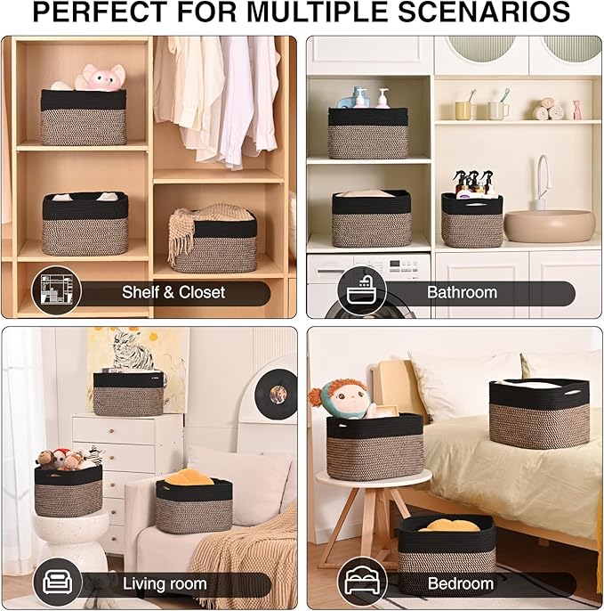 Storage Baskets for Organizing Shelves, Woven Cotton Rope Bins for Organization, Dog Toy Organizer for Shelf Living Room Bedroom, 14.8"×11"×9.5", Pack of 3, Black & Jute