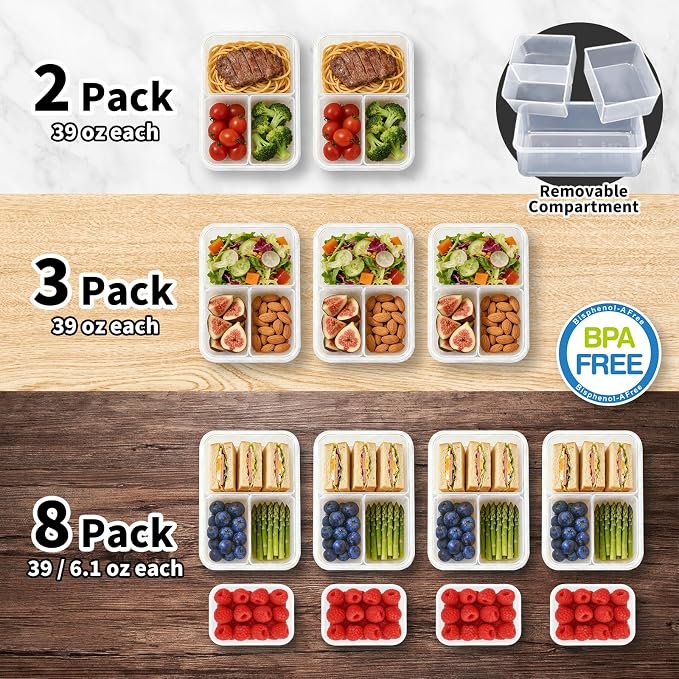 KIGI Meal Prep Containers for Adult Lunch & Snacks, Leak-Proof, BPA-free Plastic, Removable Divided Inserts, Airtight lids, 3 Compartment Food Storage, Microwave Safe, Bento Box, 4.7 Cup, 12 Piece Set