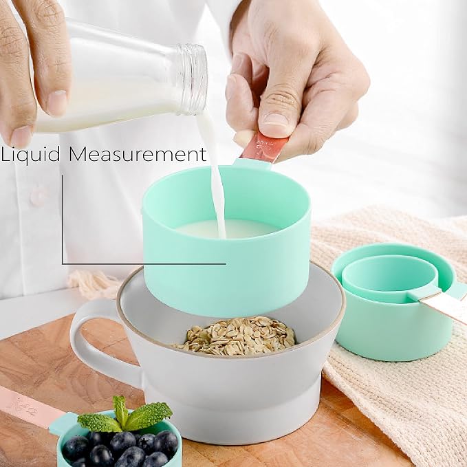 Rose Gold Stainless Steel Handle Measuring Cups and Spoons Set, 8 Piece Stackable Accurate Tablespoon for Measuring Dry and Liquid Ingredients Small Teaspoon with Plastic Head (Pink)