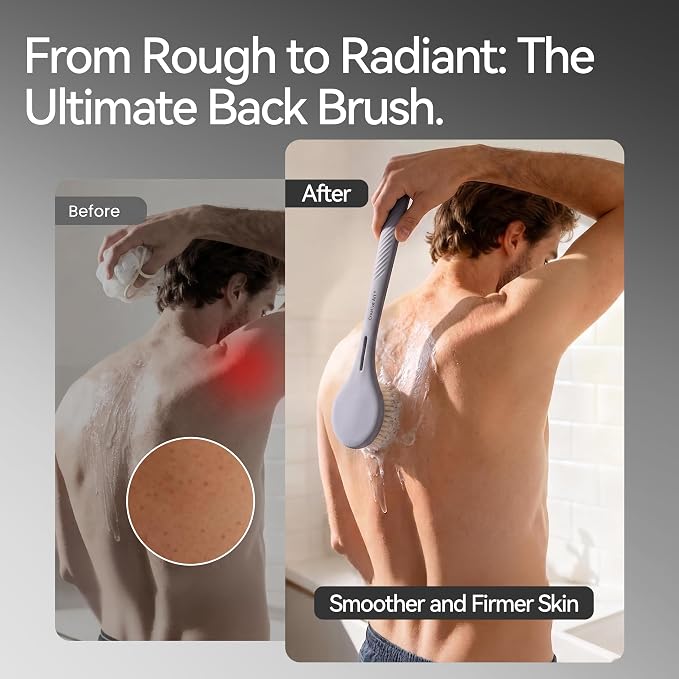 Back Scrubber for Shower for Men Women, Body Brush with Long Handle, Exfoliating Bath Washer with Soft Bristles, Body Exfoliator for Wet or Dry Brushing, Back Scrub Deep Cleaning, Gray
