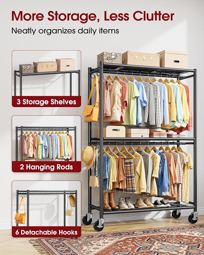 Sakugi Clothes Rack - Double Hanging Rod Clothing Rack with Wheels & Leveling Feet, Large Capacity Wardrobe Closet with Shelves for Bedroom, Laundry Room, Entryway, 45.2" x 12.6" x 80.7", Black