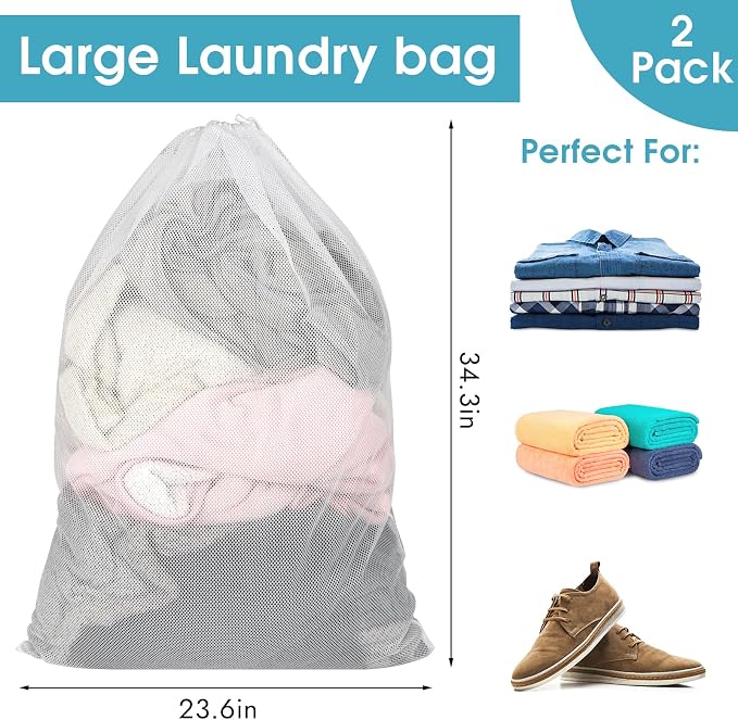 2 Pack Mesh Laundry Bags 23x34 Inch Drawstring Locking for Travel Home | Mesh bags with locking drawstring, Tear-resistant for blankets & towels, Lightweight foldable for travel/dorm