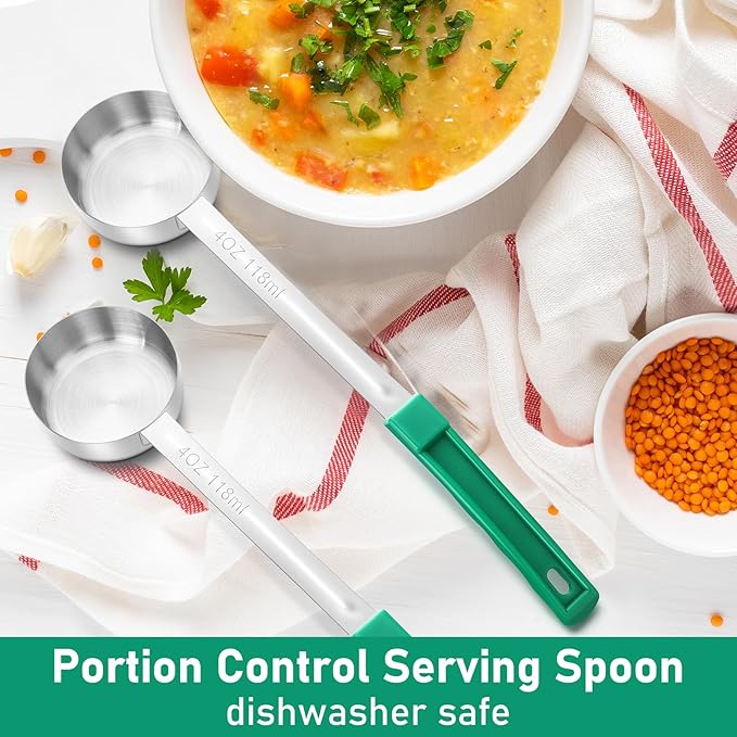Teenyyou 2 Pcs Portion Control Serving Spoons, Restaurant Measuring Serving Ladle Utensils, Portion Spoons for Weight Loss, Kitchen(Green,4 oz,Solid)