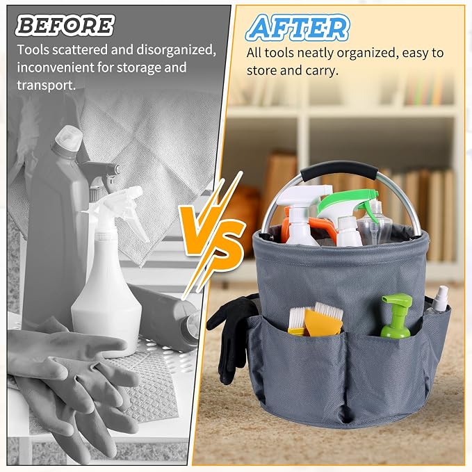 17L Cleaning Caddy with Handle & 6 Pockets, Foldable Cleaning Supply Organizer, Portable Shower Caddy, 600D Oxford Fabric Storage Basket for Home, Camping, Gardening, Bathroom, Cleaning Supply