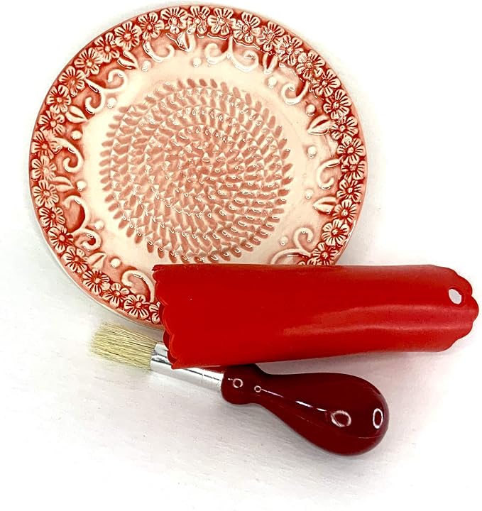 BonCera, All-in-one Premium Ceramic Garlic Grater Plate 4-Piece Set - Red Embossed Design and Style - For Garlic, Ginger, Chocolate, and more! - Comes with 5.25" Plate, Peeler, Brush, and Stand