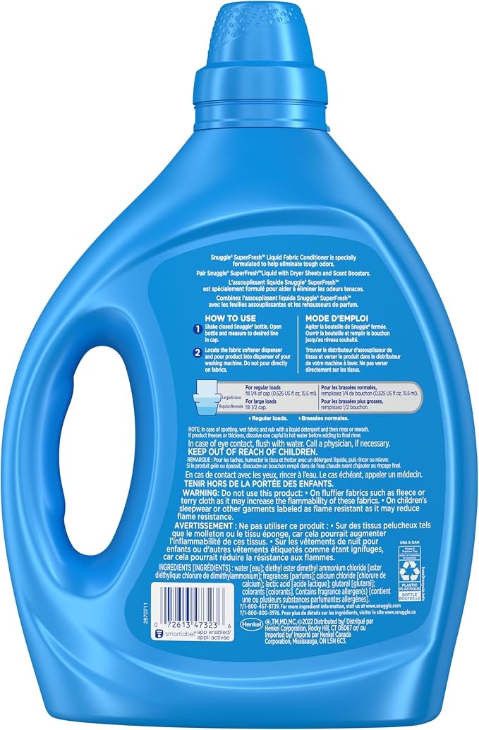 Snuggle SuperFresh Fabric Softener Liquid, Spring Burst, 78.8oz, 150 Loads | Ultra concentrated formula, Lasting scent, Fights stubborn odors, Softens fabrics, Reduces static and wrinkles