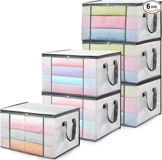 LANDNEOO 6-Pack Clothes Storage Bags, Plastic Foldable Blanket Storage bins, Closet Organizer Container for Bedroom, Bedding, Comforters, Pillows, and Clothing - 60L with Handles