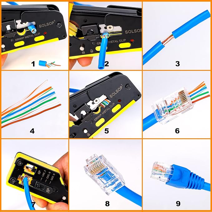Solsop Pass Through RJ45 Crimp Tool Kit All-in-One Ethernet Crimper | Cat7 Cat6 Cat5 Crimping Tool with Network Cable Tester, 50-Pack Cat6 RJ45 Pass Through Connector, 50-Pack Connector Boots