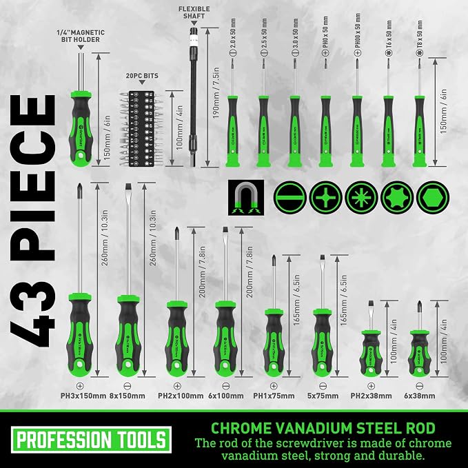 Magnetic Screwdrivers Set with Case, Amartisan 43-piece Includs Slotted, Phillips, Hex, Pozidriv,Torx and Precision Screwdriver Set, Magnetizer Demagnetizer Tools, Tools for Men (Green))