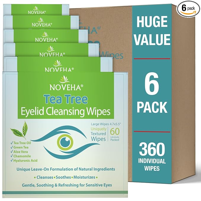 NOVEHA 360PCs Tea Tree Oil Eyelid & Lash Wipes With Hyaluronic Acid, Green Tea & Chamomile For Blepharitis & Itchy Eyes, Individually Wrapped Eyelash Wipes Natural Makeup Remover & Daily Cleanser
