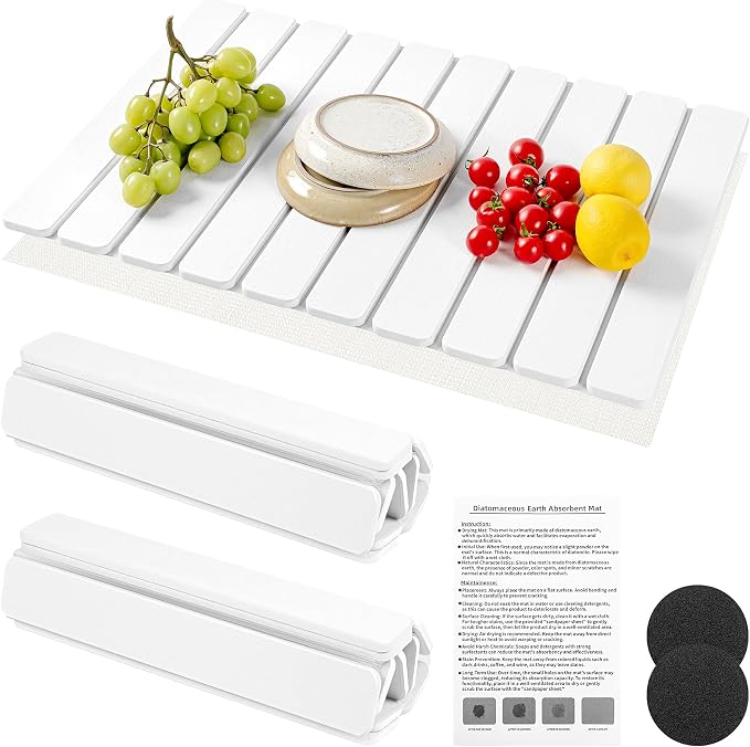 LARGE STONE DISH DRYING MAT FOR KITCHEN COUNTER, 2 PCS QUICK DRY STONE MATS, FOLDABLE WATER ABSORBING DIATOMACEOUS EARTH DRYING PAD FOR PLATE RACK BOTTLES UTENSILS CUPS, WHITE 23.6"×15.3"