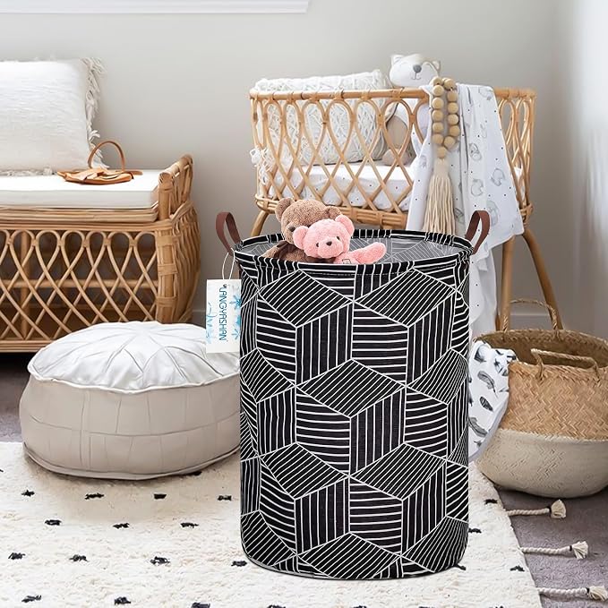Round Laundry Basket Collapsible Storage Hamper Organizer Black diamond | Waterproof Canvas Foldable Baskets with sturdy Handles Multi-scene Organizer for Home Play Bedroom Gift Bin