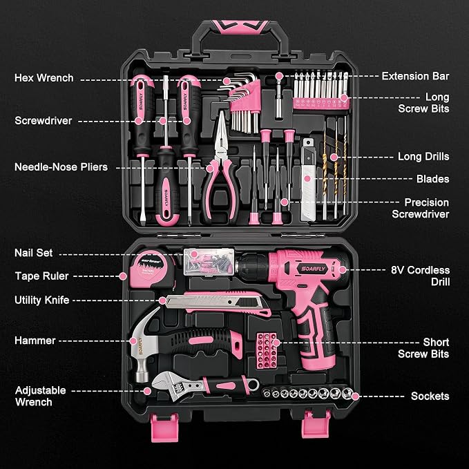 Tool Set, Tool Kit for Home, 8V Cordless Drill Set, 157PCS Tool Kit with Drill, General Household Hand Tool Box with Storage Case, Power Drill Kit for Women and Men, Home Maintenance and Repairs(Pink)
