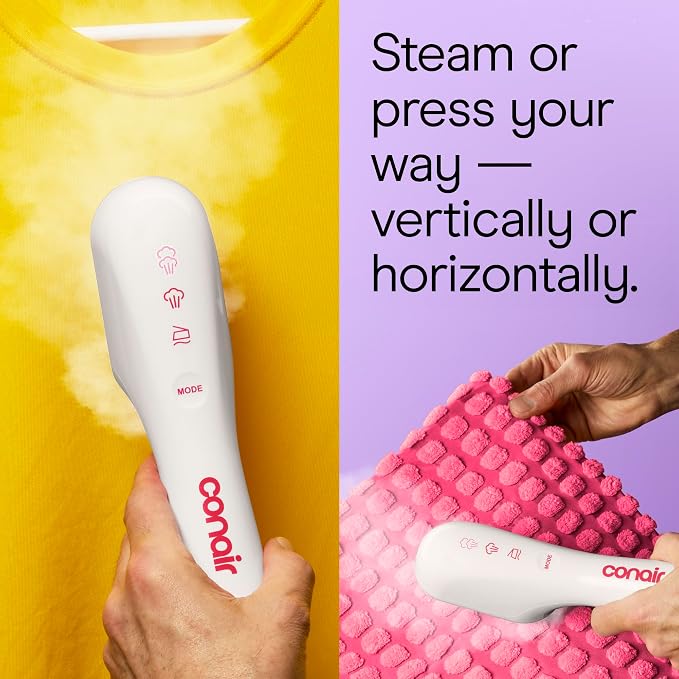 Conair Clothes Steamer, 2-in-1 Travel Steamer/Iron, Anti-Drip, Butter/Berry | Portable handheld garment steamer for clothes w/ iron, quickly removes wrinkles, dual voltage 120-240V & heats in 75 seconds