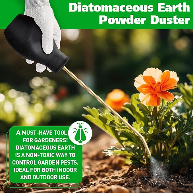 2 Pack Diatomaceous Earth Powder Duster, 8OZ Garden Powder Applicator Dispenser with Long Metal Tube, Bulb Duster Sprayer for Home Organic Gardening Agricultural Supply(Black) | 8OZ bulb duster. Rust-resistant brass/aluminum tube. Smooth upward dischar...