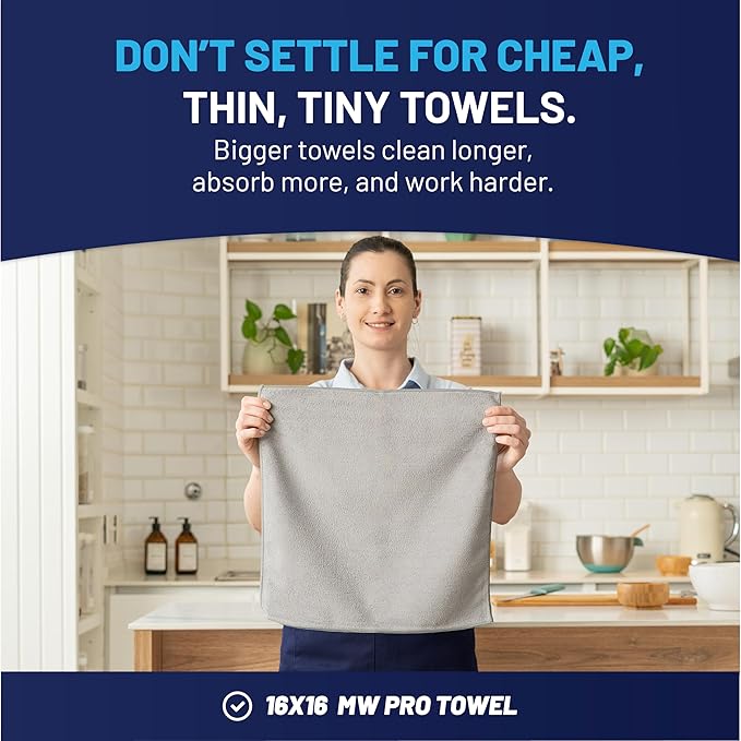 MW Pro Microfiber Cleaning Cloth | Gray | 12 Pack | 16” x 16” | All Purpose Microfiber Towels - Clean, Dust, Polish, Scrub, Absorbent