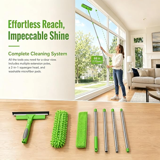 68'' Window Squeegee Cleaner Kit - 2-in-1 Rotatable Window Cleaning Tool with Extension Pole, Professional Streak-Free Squeegee with Bendable Head for Indoor/Outdoor Windows Car Glass (Green, 38.45FT)