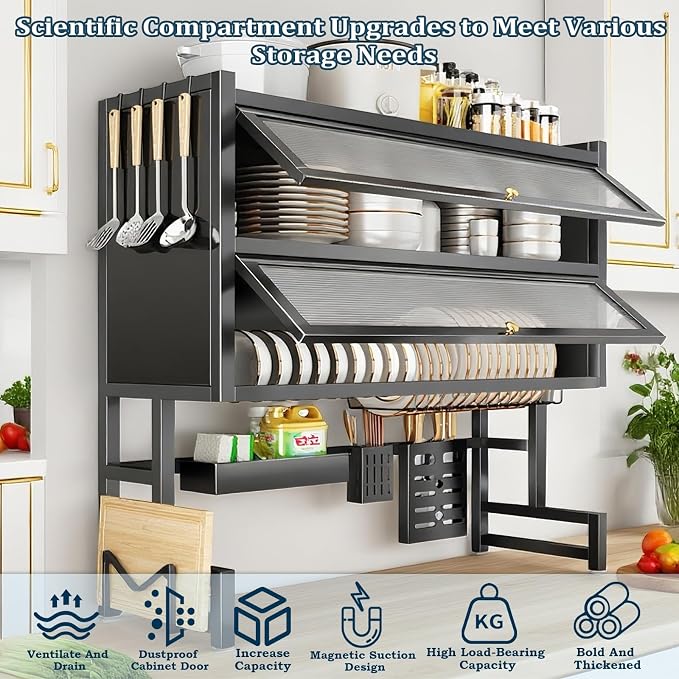 4-Tier Dish Drying Rack with Cover – Above Sink Kitchen Storage Rack, Large Space-Saving Shelf for Dishes, Glasses, Bowls & Cutlery, Black (W-40'')