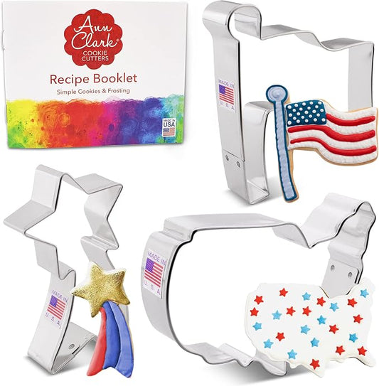 Ann Clark 3-Pc Fourth of July Cookie Cutter Set (Flag, Shooting Star, USA Map), Made in USA