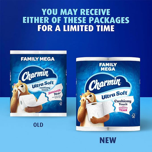 Charmin Ultra Soft Cushiony Touch Toilet Paper, 30 Family Mega = 153 Regular Rolls, 2-Ply, White