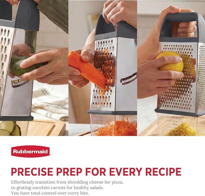 Rubbermaid EZ Grip Box Grater, Stainless Steel Cheese Grater & Container - BPA Free Multi-Surface Cheese Shredder & Food Grater for all Vegetables | Graters for Kitchen -Non-Slip Base, Dishwasher Safe