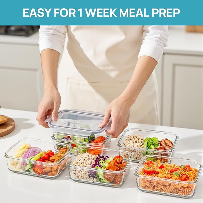 Vtopmart 5Pack 30oz Glass Storage Containers with Lids, Glass Meal Prep Food Container Sets with Snap Airtight Lid for Microwave, Oven, Freezer and Dishwasher, Grey