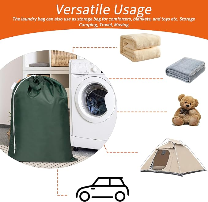 2 Pack Extra Heavy-Duty Laundry Bag with Handles, Green, 28x36" | Extra Large, Name ID Tag, Machine Washable, Reinforced Handles, Drawstring Closure, For College Dorm Travel