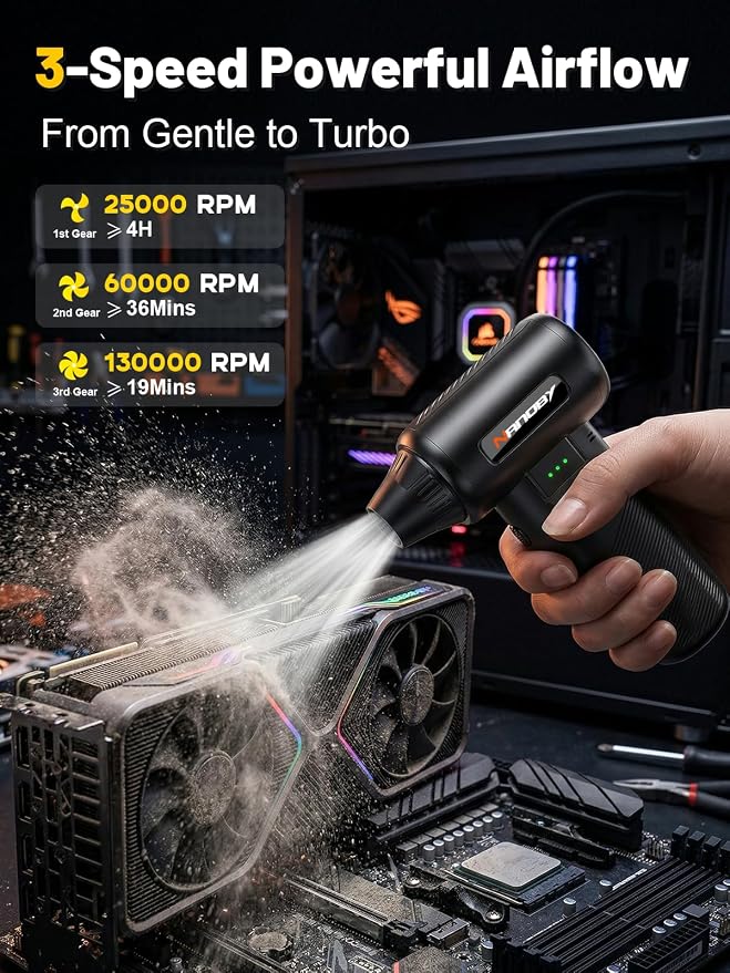 X213 Compressed Air Duster, 130000RPM, 3-Speed Adjustable, Electric | Mini Air Blower, Rechargeable, 4 Nozzles, Cordless, 0.5lb Portable, for Computer, Keyboard, House, Outdoor and Car