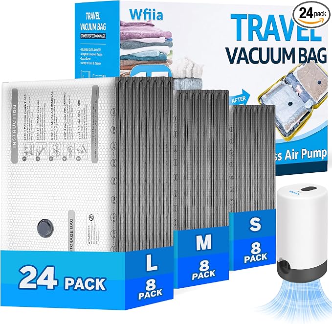 24 Packs Vacuum Bags for Travel with Rechargeable Pump, 3 Sizes Vacuum Seal Bags for Clothing, Compression Vacuum Travel Bags for Luggage, Vacuum Packing Bags for Closet Organization