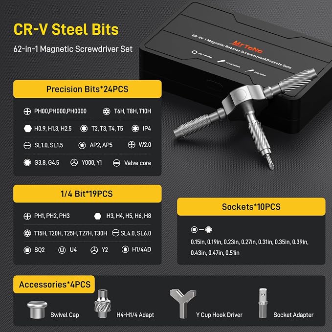 Upgraded 62 in 1 Magnetic Ratchet Screwdriver Set, 43 Bits & 10 Hex Sockets | T Handle Ratchet Screwdriver Set with Case Repair Tool Kit for Furniture, Bicycle, Electronics, Auto, DIY & Gift for Men