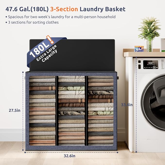 SOLEDI 180L 3-Section Laundry Hamper with Lid, Extra Large Dirty Clothes Basket with Sturdy Handles for Laundry Room & Bedroom - Durable Organizer for Sorting Laundry