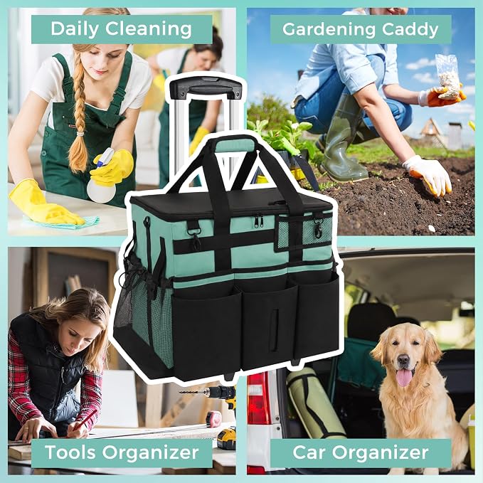 SCAVATA Rolling Cleaning Caddy Bag with Detachable Trolley, Large Cleaning Supplies Organizer with Wheels, Multi-Pocket Cleaning Cart with Adjustable Shoulder Strap for Housekeepers (CyanBlue)