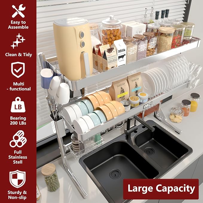 VNKZI Over Sink Dish Drying Rack, 3 Tier Full Stainless Steel Storage Adjustable Length (25.98'' to 36.61'') Kitchen Rack, Multifunctional Expandable Counter Organizer, Space Saver Dish Rack