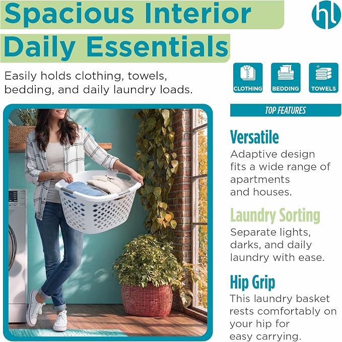Home Logic 1.75 Bushel Plastic Laundry Basket with Hip Grip, Large Laundry Hamper with Handles, Ventilated Clothes Organizer for Bedroom Bathroom Closet, 4 Pack, White