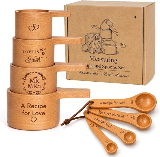 Wedding Gifts for Couple, Mr ＆ Mrs Wooden Measuring Cups and Spoons Set, Engagement Gift for Newly Engaged, Bridal Shower and Bachelorette Gifts for Bride, Kitchen Gadgets for Cooking & Baking