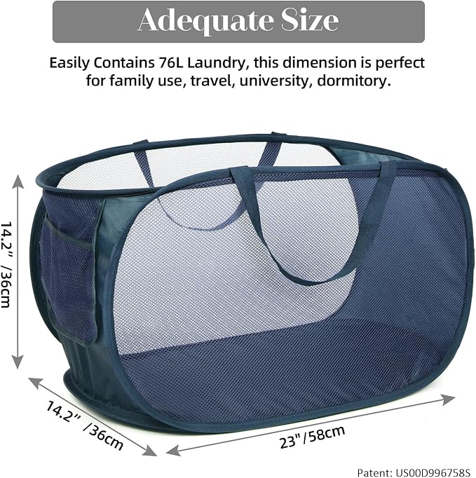 Durable Collapsible Laundry Baskets, Mesh Pop Up Laundry Hamper with Side Pocket, Foldable Clothes Storage Hamper with Reinforced Carry Handles for Laundry, Bathroom, Kids Room, Dorm or Travel Navy