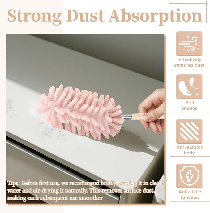 2 PCS Car Interior Duster with Extension Pole, Dusters for Cleaning | Microfiber Car Dusters with Bendable Head, Duster Interior & Exterior Scratch Free for Vehicle, Offices, Window (Pink)