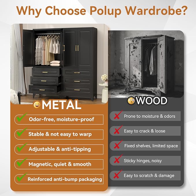 Polup Metal Armoire Wardrobe Closet with Three Drawers, 71“ Tall Large Wardrobe Cabinet with Doors and Hanging Rod, Freestanding Steel Clothes Cabinet for Bedroom, Office, Laundry Room, Black