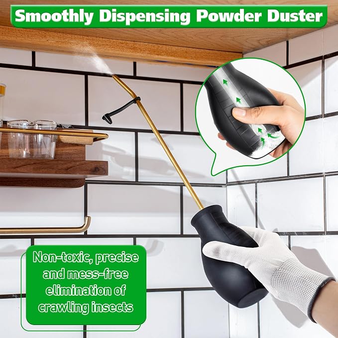 Diatomaceous Earth Powder Duster, 8OZ Garden Powder Applicator Dispenser with Long Metal Tube, Bulb Duster Sprayer for Home Organic Gardening Agricultural Supply (Black,1 Pack) | 8OZ bulb duster. Rust-resistant brass/aluminum tube. Smooth upward discha...
