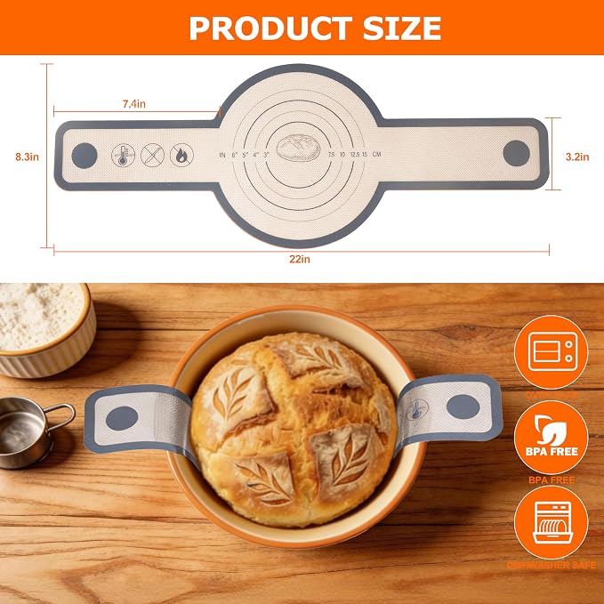 Silicone Bread Sling Mat for Dutch Oven, 2 PCS Non-Stick & Reusable Bread Baking Supplies with Long Handles, Easily Transfer Sourdough & Baking, Dishwasher Safe (Round, Grey)