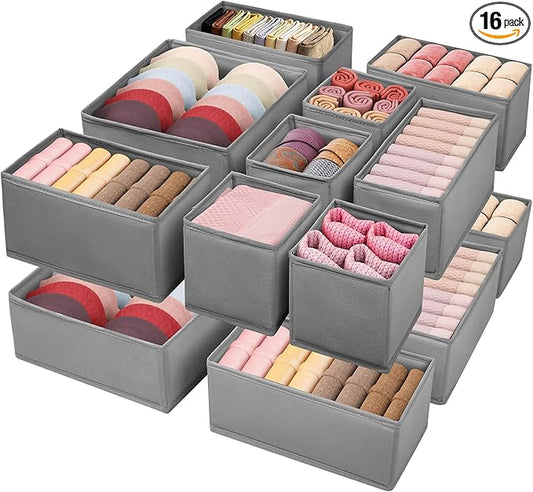 Drawer Clothing Organizer 16-Pack, Grey 3 Sizes Underwear Drawer Dividers, Fabric Folding Wardrobe Organizer, Can Store Baby Clothes, Bras, Underwear, Panties, Belts, Socks, Ties