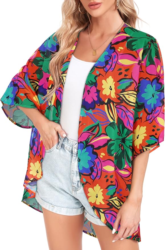 Women Kimono Cardigans Summer Cover Up Hawaiian Shirts Floral Print Tops | ROSEMIA chiffon kimono open front cardigans, beach cover ups, daily casual tops, cruise outfits, summer resort wear