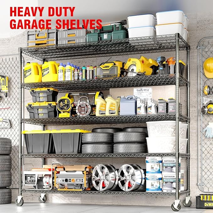 Garvee 3300LBS Storage Shelves 5 Tier Metal Shelving with Wheels, 82" H | 23.6"D,Heavy Duty, Wire Shelving Rack, Adjustable, Shelf Organizers for Garage Kitchen Pantry, Tool-Free Assembly, Black