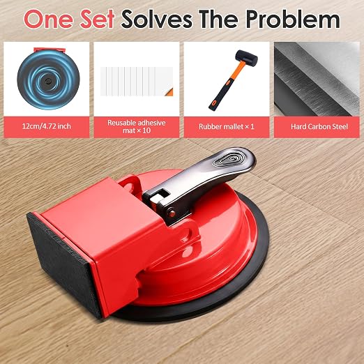 Floor Gap Fixer Tool, Bwaliffury 2026 New Heavy Duty Suction Cup Gap Puller With 10 Reusable Sticky Pads & Rubber Mallet, Floor Gap Fixer For Wood, Laminate, Tile, Vinyl Floor Gap Repair Tools, Red