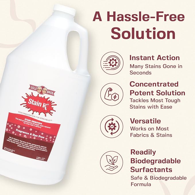 Stain Remover, Effectively Eliminates Stains, 1 Gallon | Wine, Berries & Blood Colorfast Fabrics, Carpets, Upholstery & Jewelry, Fragrance Bleach & Dye-Free, Peroxides & Phosphates