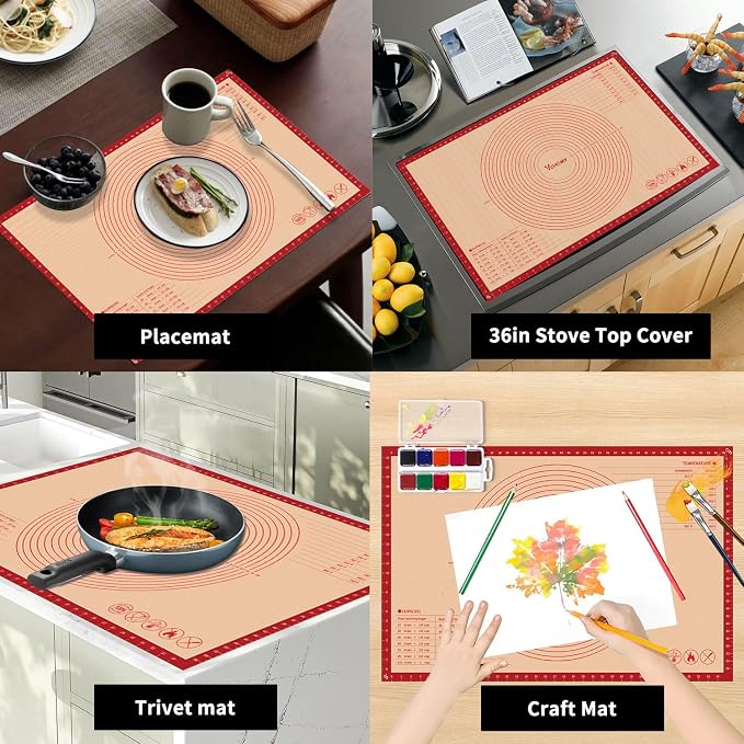Extra Large Silicone Pastry Mat for Counter Rolling Dough,36x24 Inch,0.75mm Thick,Non Slip Silicone Baking Mat with Measurement(36 x 24 In,Red)