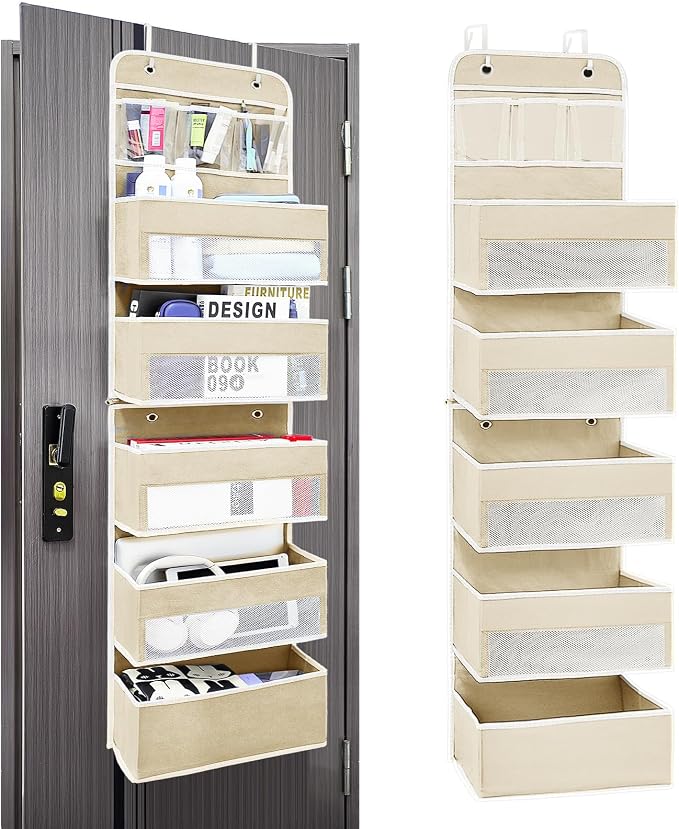 Easy Assembly Over The Door Organizer, 6 Shelves&10 Side Pockets, Heavy-Duty Reinforced Mesh Rack Holds 44lb, Hanging Behind Door Storage for Bathroom Pantry, Nursery, Closet, Shoes,Towels-Ivory White