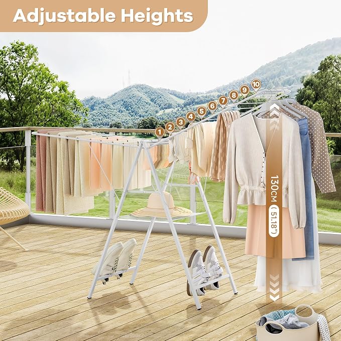 APEXCHASER 6 Height Adjustable Clothes Drying Rack with Shoe Slots, White | Pre-Assembled, Stable Load Structure, 22 Drying Rails, Foldable Space-Saving For Efficient Indoor & Outdoor Airflow Drying